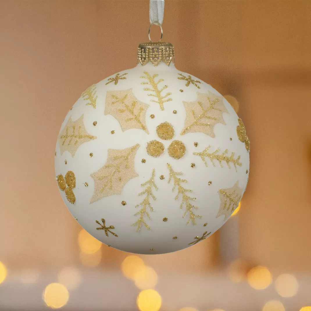 Lot de 6 boules de Noël en verre (D80 mm) Houx Blanc laine