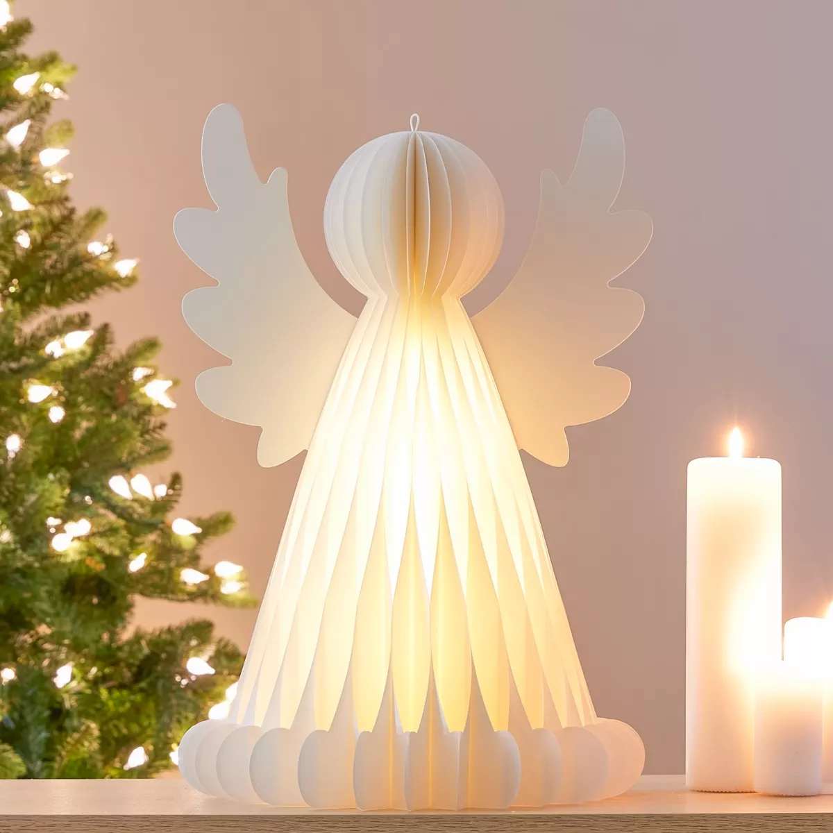 Angelo luminoso con pile 6 LED (H50 cm) Carta con chiusura magnetica Bianco