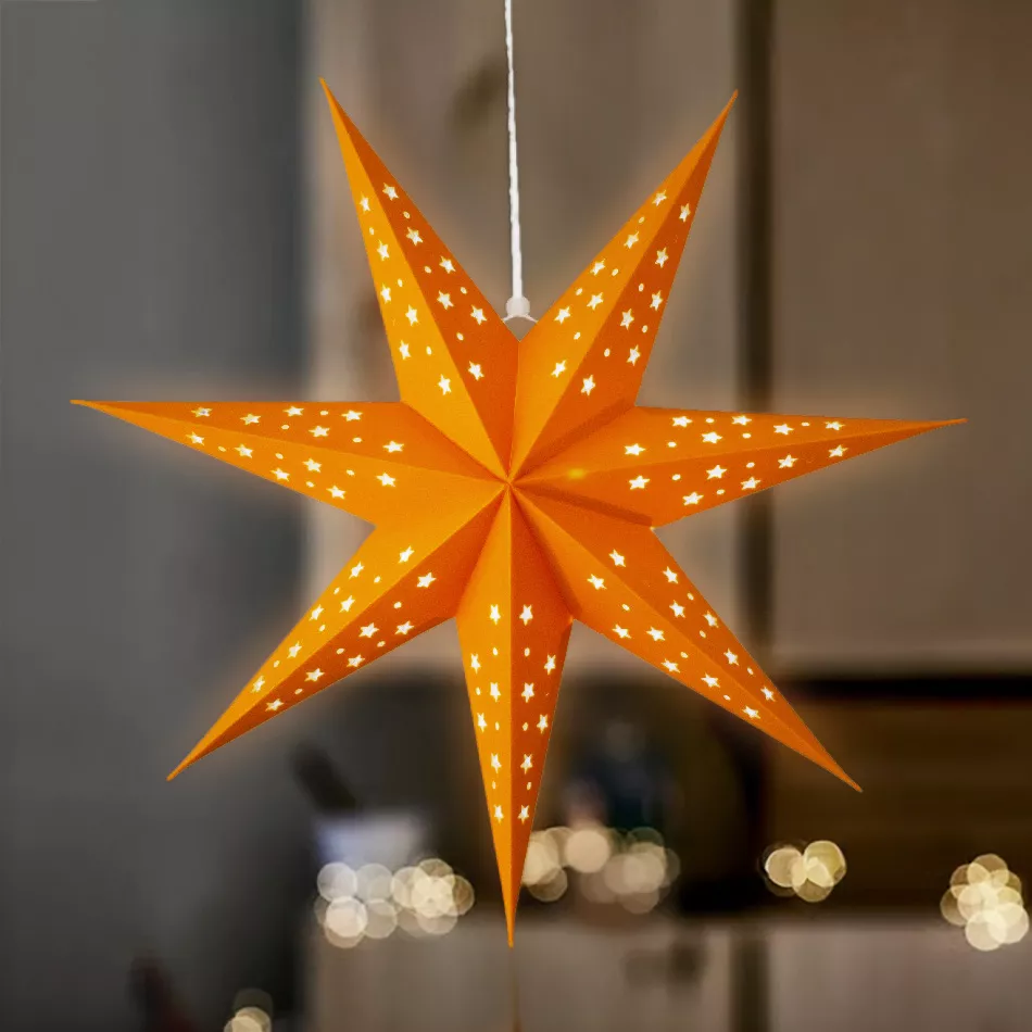 Beleuchteter Stern zum Aufhängen (H40 cm) Origami Stella Bernsteinfarben und Warmweiß 