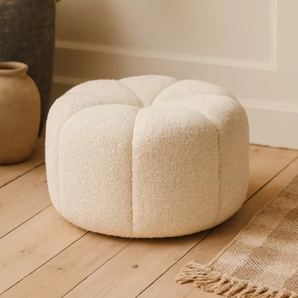 Pouf rond bouclette (D40 x H22 cm) Blanc polaire