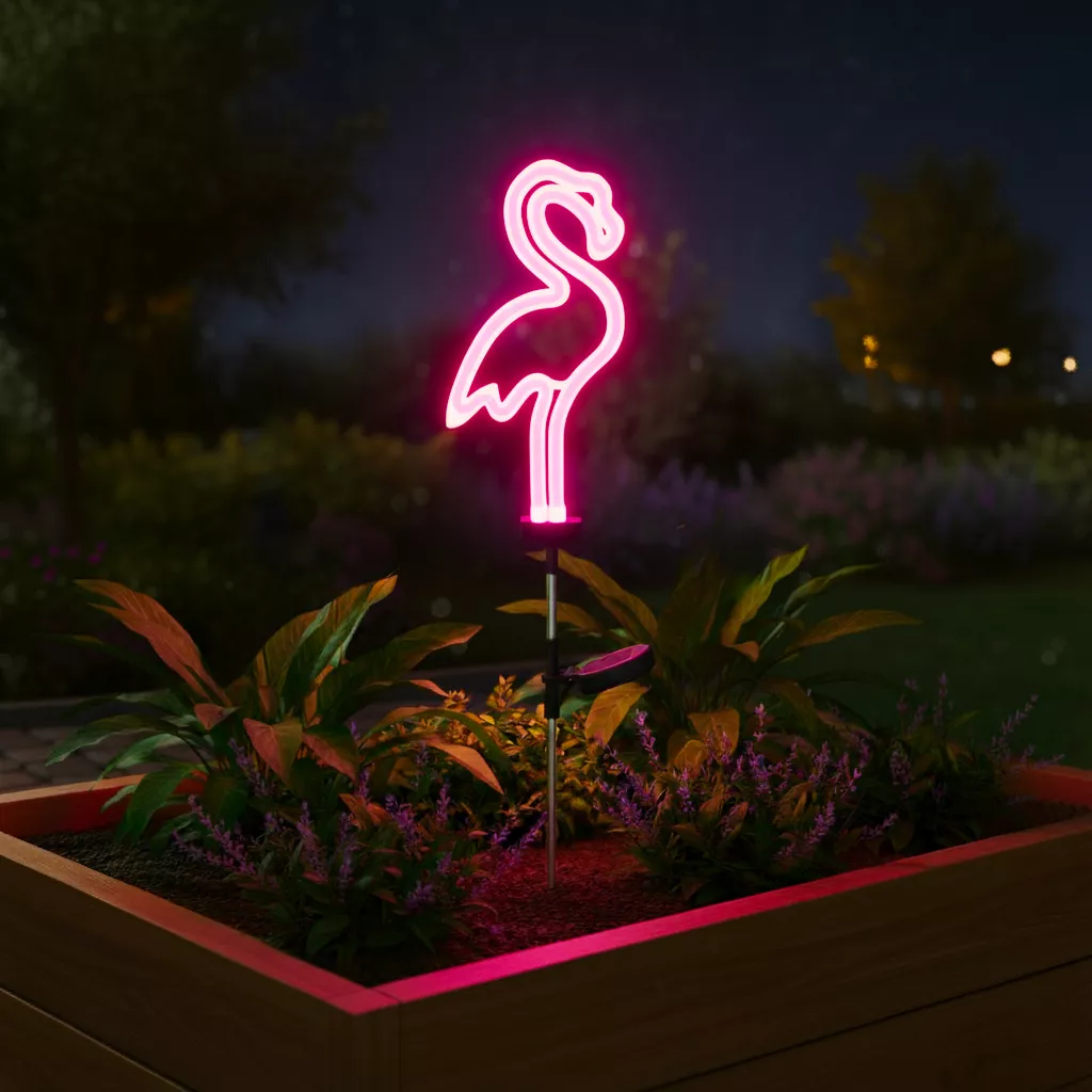 Decorazione luminosa Solare da infilare nel terreno (H74 cm) neon Fenicottero Rosa