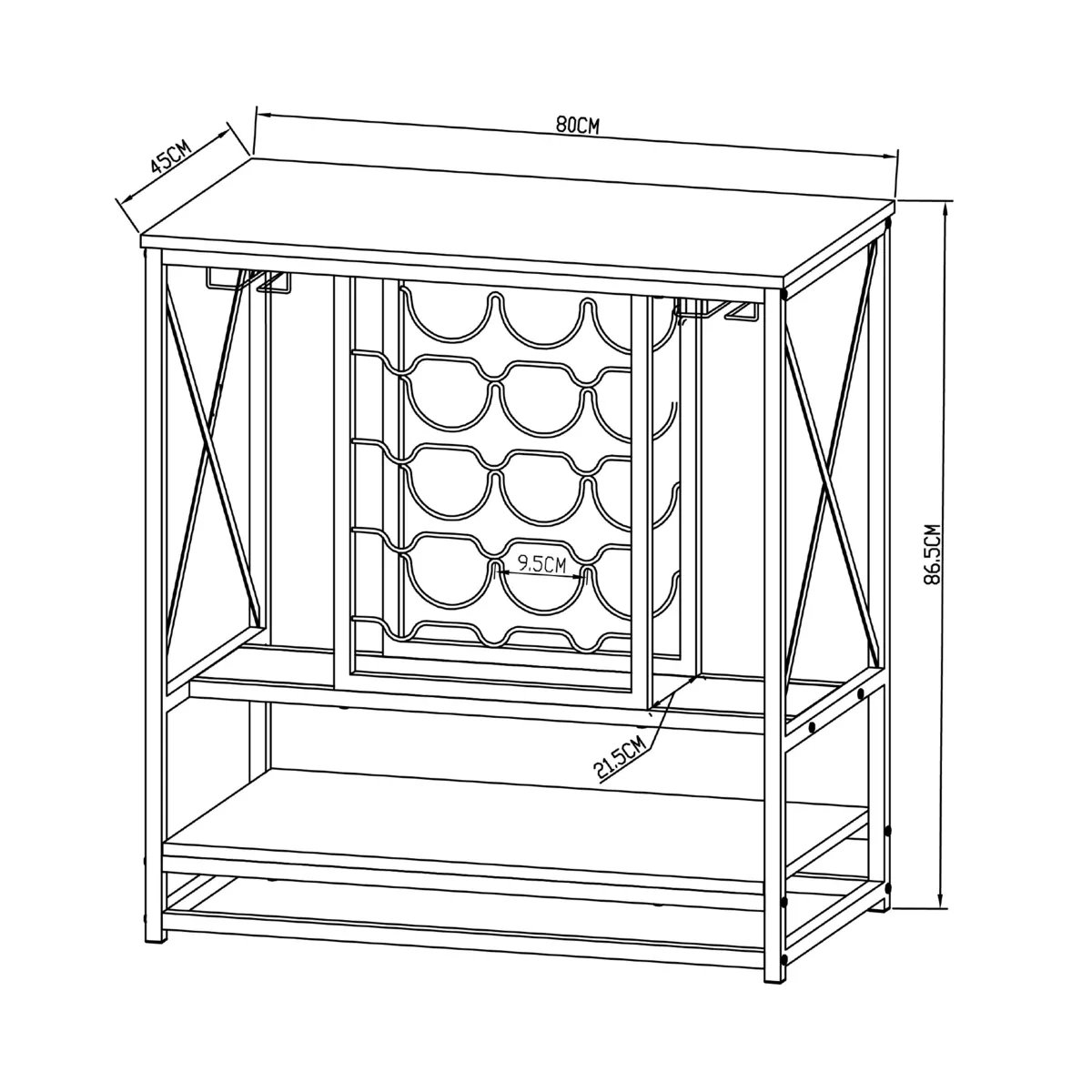 Meuble range-bouteilles industriel 12 emplacements et porte-verres (H86 cm) Louis Marron