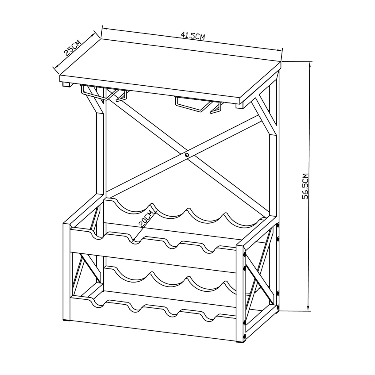 Industrielt flaskeopbevaringsmøbel med 8 rum og glasholder (H56 cm) Tiago Sort