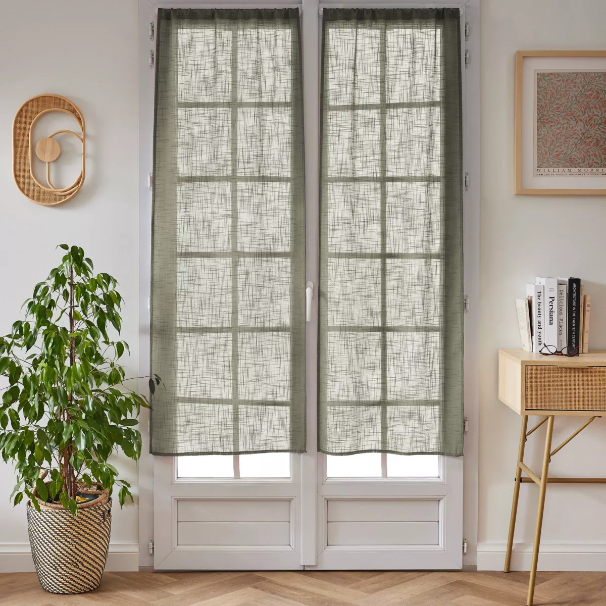 Paire de voilages passe-tringle effet lin (60 x 160 cm) Robin Vert Romarin