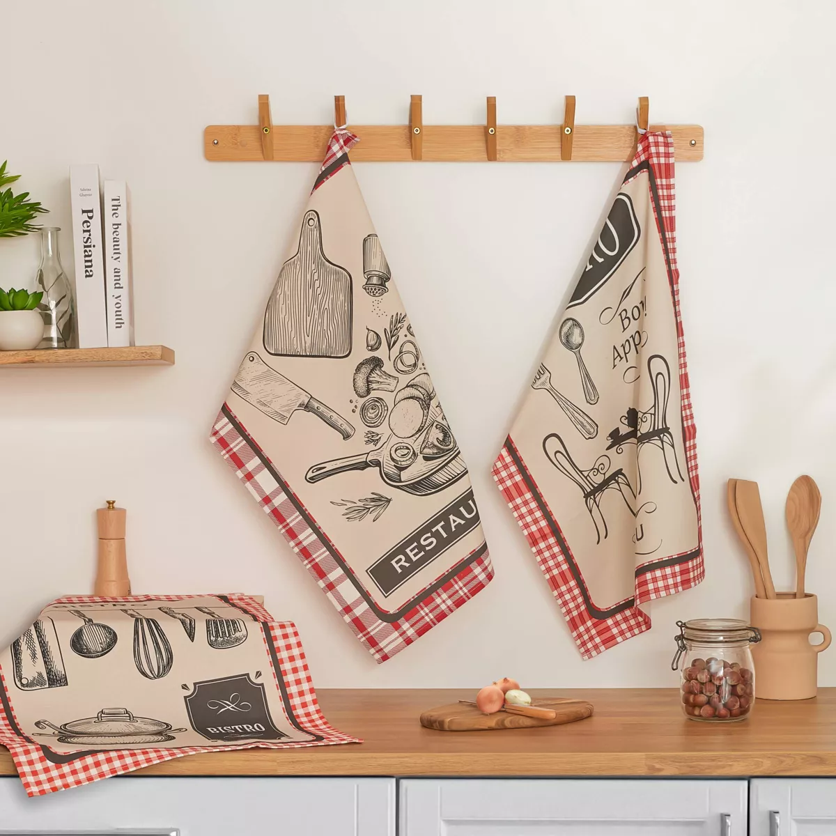 Set di 3 strofinacci in cotone (50 x 70 cm) Bistro Rosso