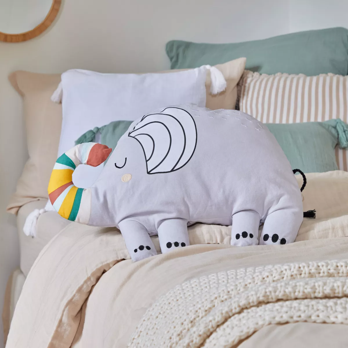 Coussin enfant éléphant coton (50 x 35 cm) Savane Gris