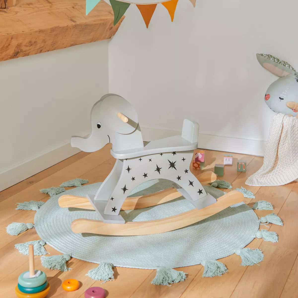 Elephant à bascule bois (H53 cm) Stars Gris