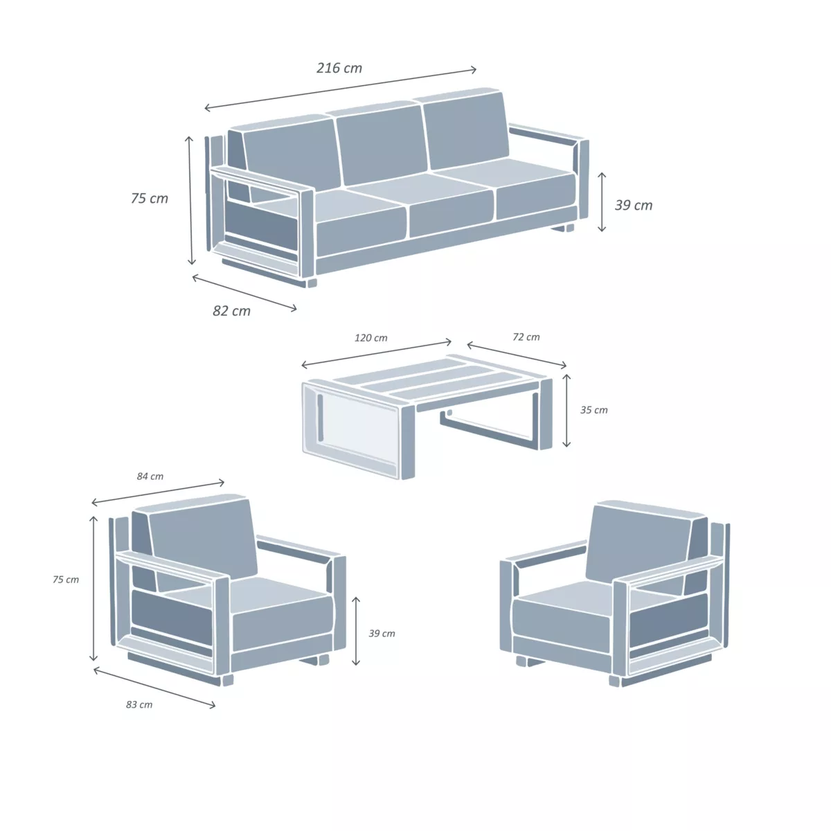 Salon de jardin aluminium 5 places 4 pcs Elba Blanc et gris clair