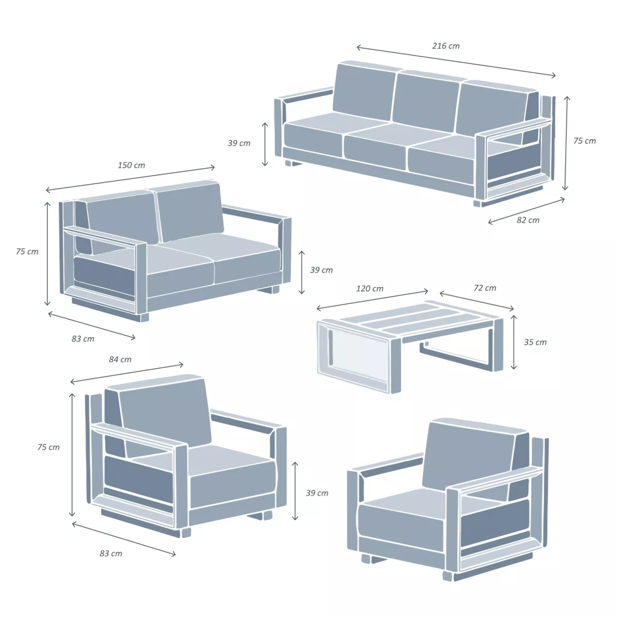 Salotto da giardino alluminio 7 posti 5 pezzi Elba Grigio antracite