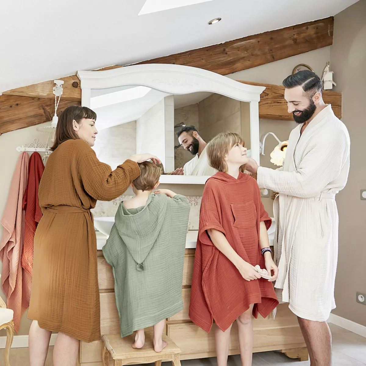 Bademantel aus Baumwoll-Gaze S/M Gaïa Camel