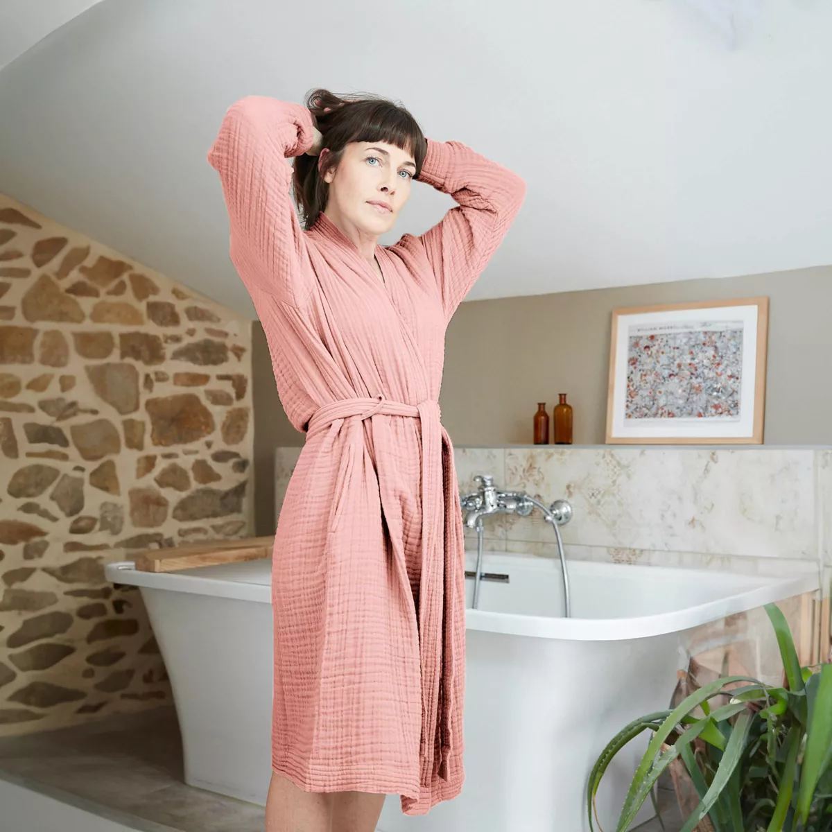Bata de baño en gasa de algodón S/M Gaïa Rosa durazno