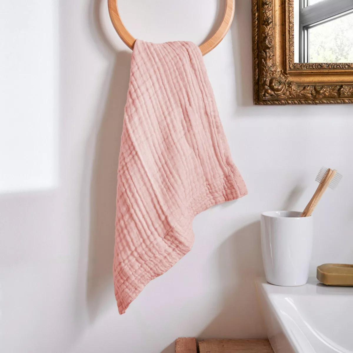 Serviette de bain gaze de coton (30 x 50 cm) Gaïa Rose pêche