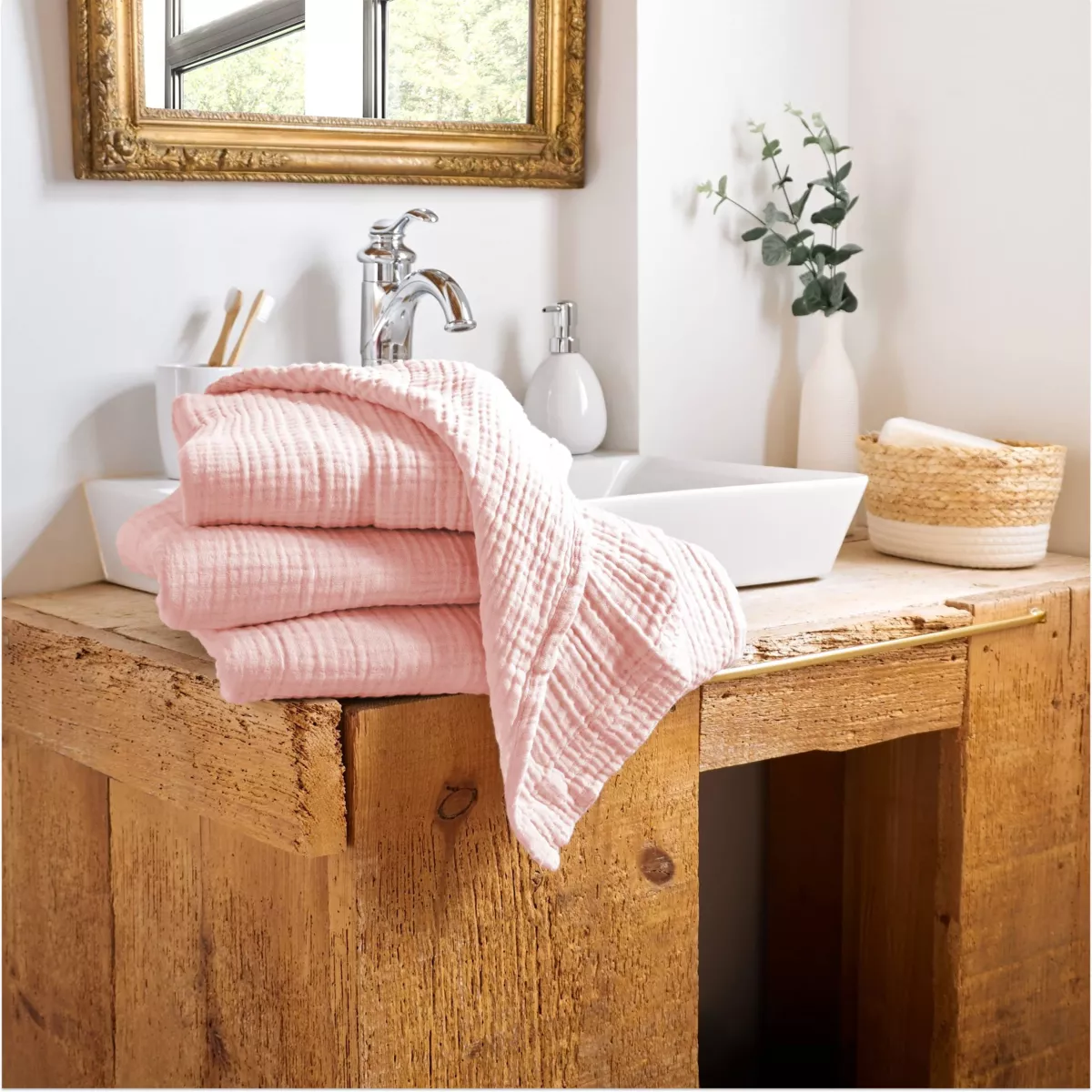 Serviette de bain gaze de coton (30 x 50 cm) Gaïa Rose pêche