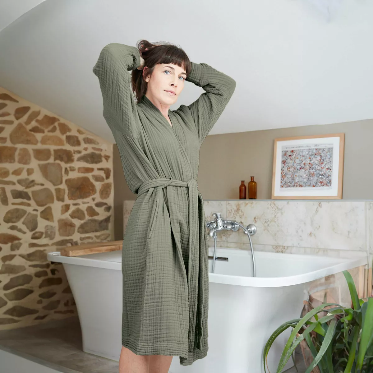 Bademantel aus Baumwoll-Gaze S/M Gaïa Rosmaringrün