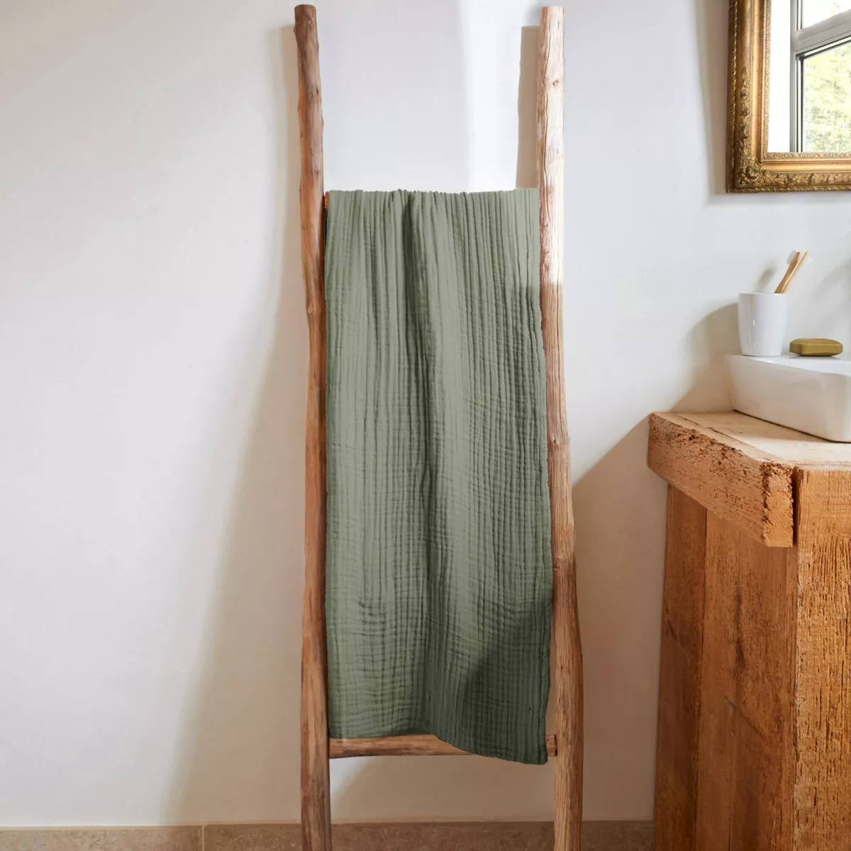 Serviette de bain gaze de coton (70 x 130 cm) Gaïa Vert romarin
