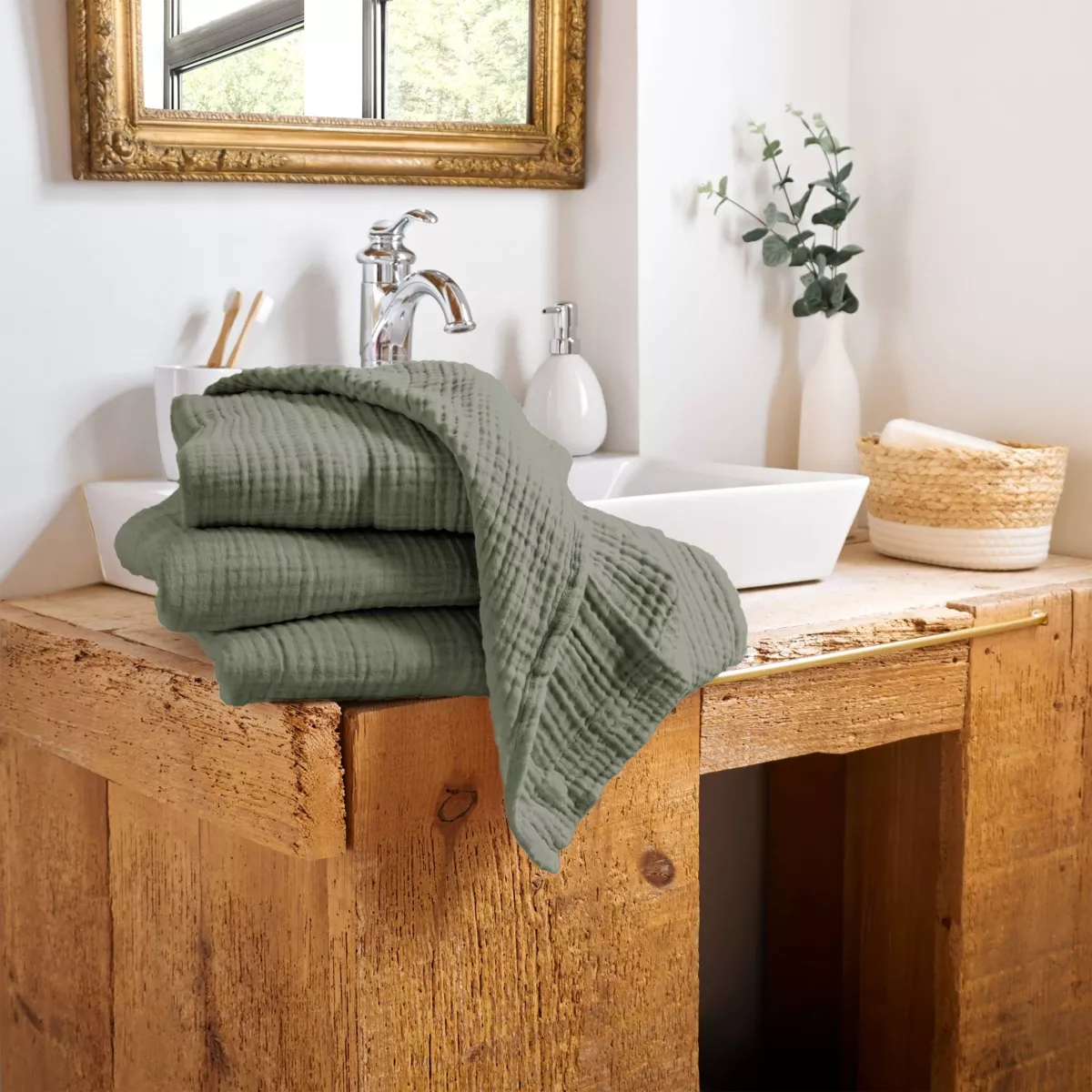 Serviette de bain gaze de coton (70 x 130 cm) Gaïa Vert romarin