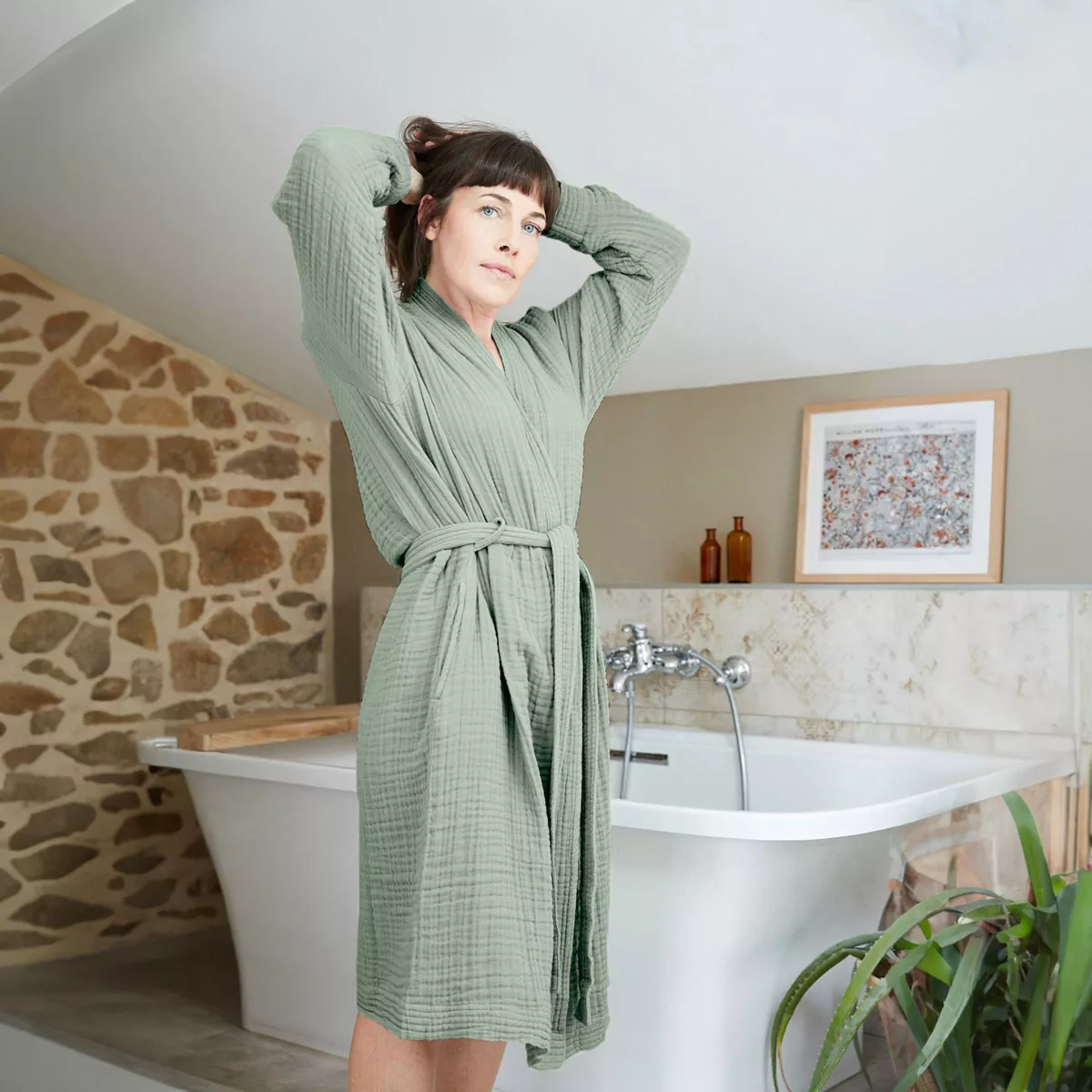 Peignoir de bain gaze de coton S/M Gaïa Vert eucalyptus