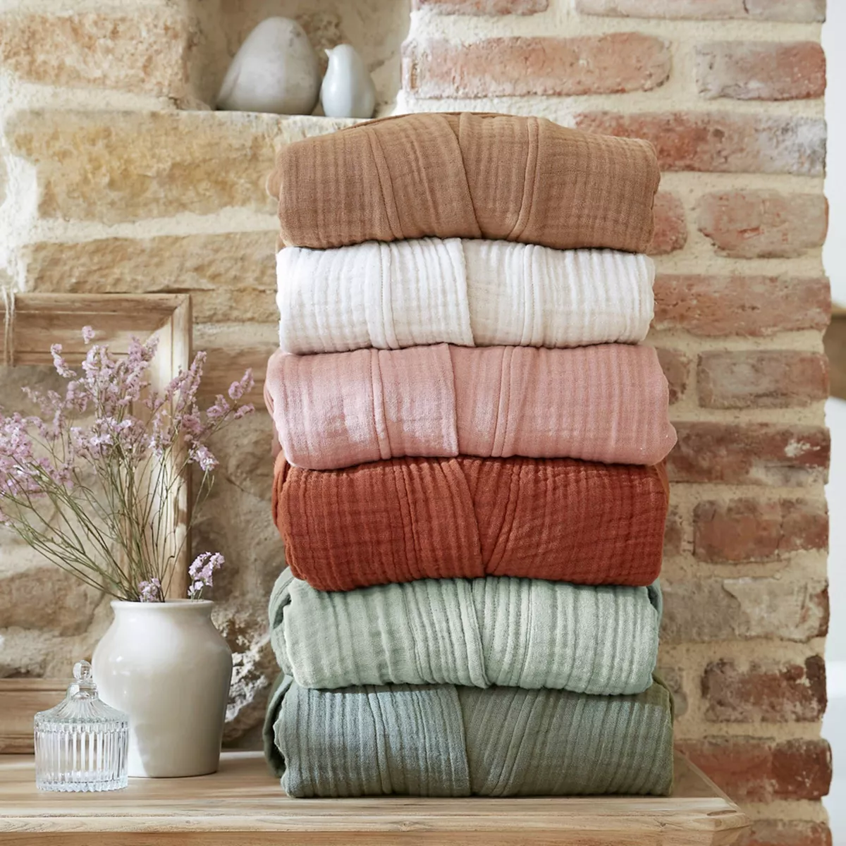 Bademantel aus Baumwoll-Gaze S/M Gaïa Eukalyptusgrün