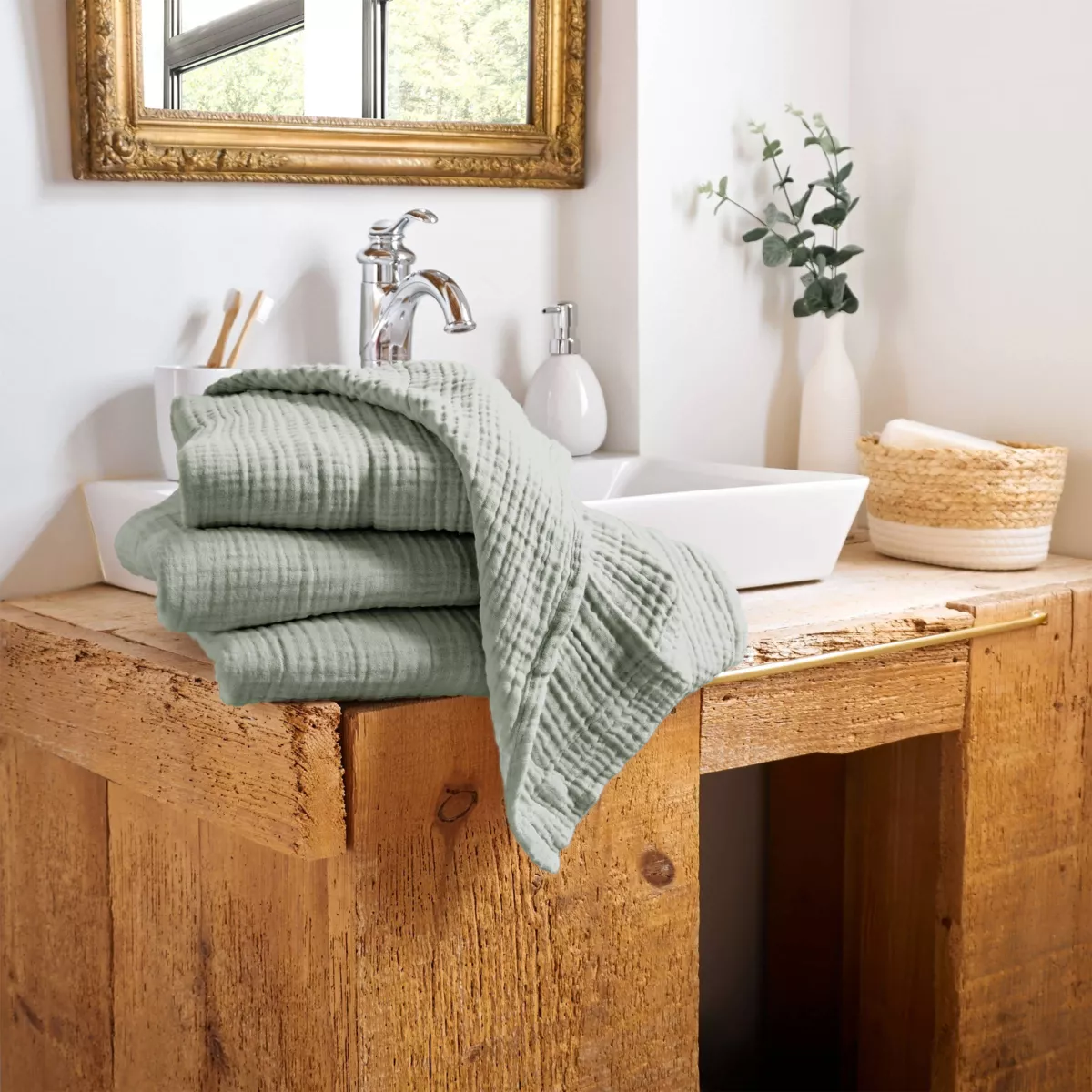 Badetuch aus Baumwoll-Gaze (70 x 130 cm) Gaïa Eukalyptusgrün