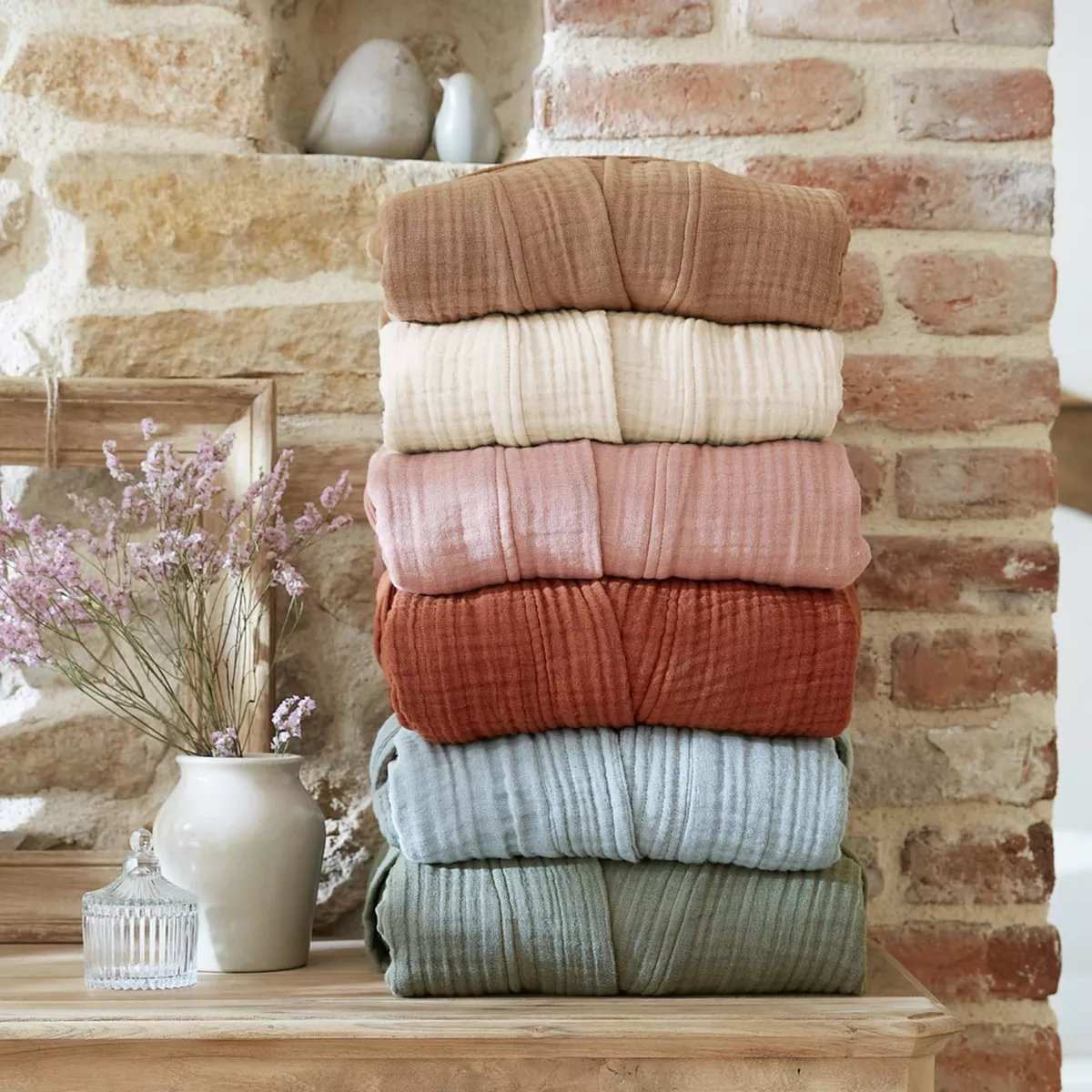 Bademantel aus Baumwoll-Gaze S/M Gaïa Beige