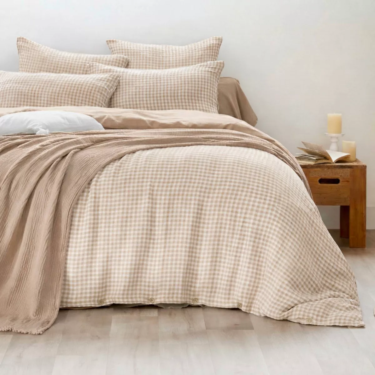 Quadratischer Baumwoll-Musselin-Kissenbezug (80 x 80 cm) Gaïa Vichy Ficelle