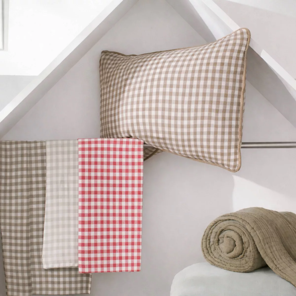 EM - Taie d'oreiller 80 x 80 cm Gaze de coton tissŽe teinte GAìA VICHY Ficelle