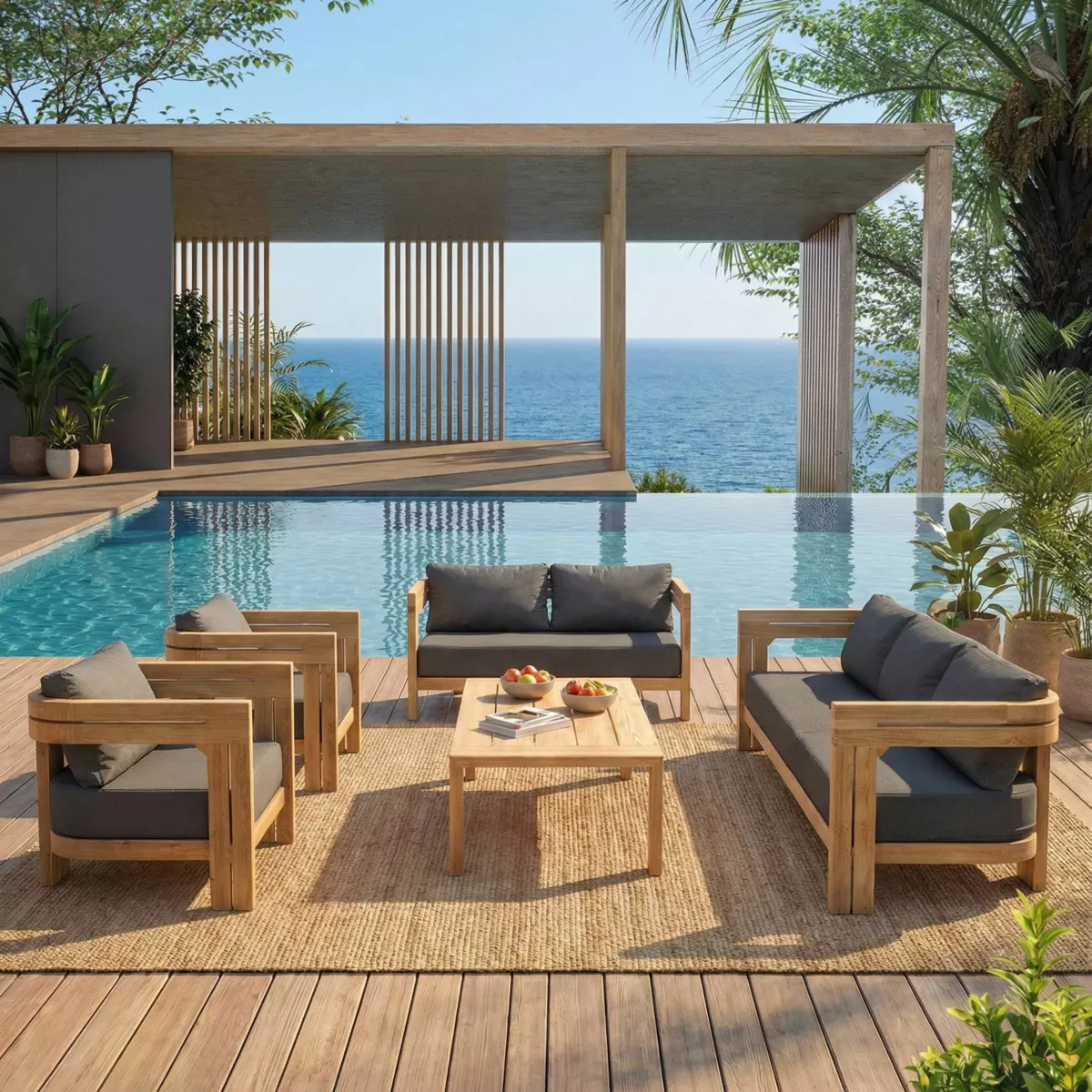 CANAPE 2 PLACES DE JARDIN EN TECK ZANZIBAR ANTHRACITE