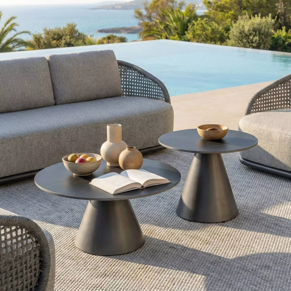 Tavolino da giardino rotondo in ceramica (D60 cm) Riviera Grigio antracite