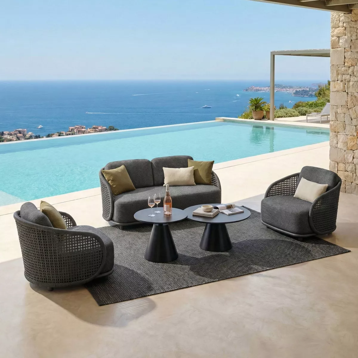 Set da giardino effetto rattan e alluminio 4 posti 5 pezzi Riviera Grigio antracite