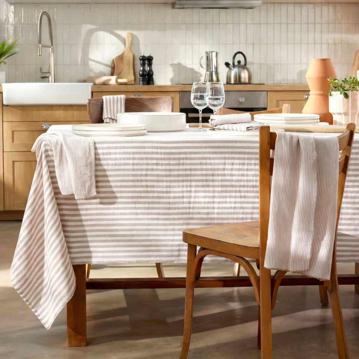 Mantel rectangular de gasa de algodón (150 x 250 cm) Gaïa rayas Beige