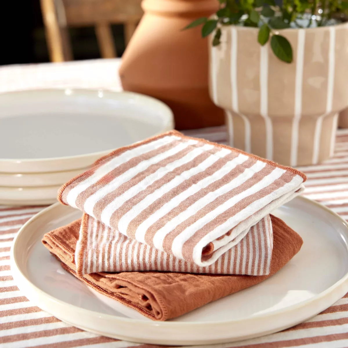 Lote de 3 servilletas de gasa de algodón (40 x 40 cm) Gaïa rayas Albaricoque
