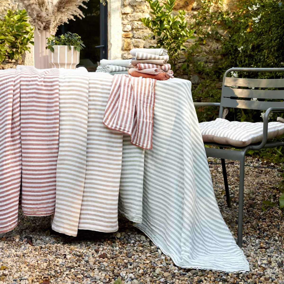 Mantel rectangular de gasa de algodón (150 x 250 cm) Gaïa rayas Verde eucalipto