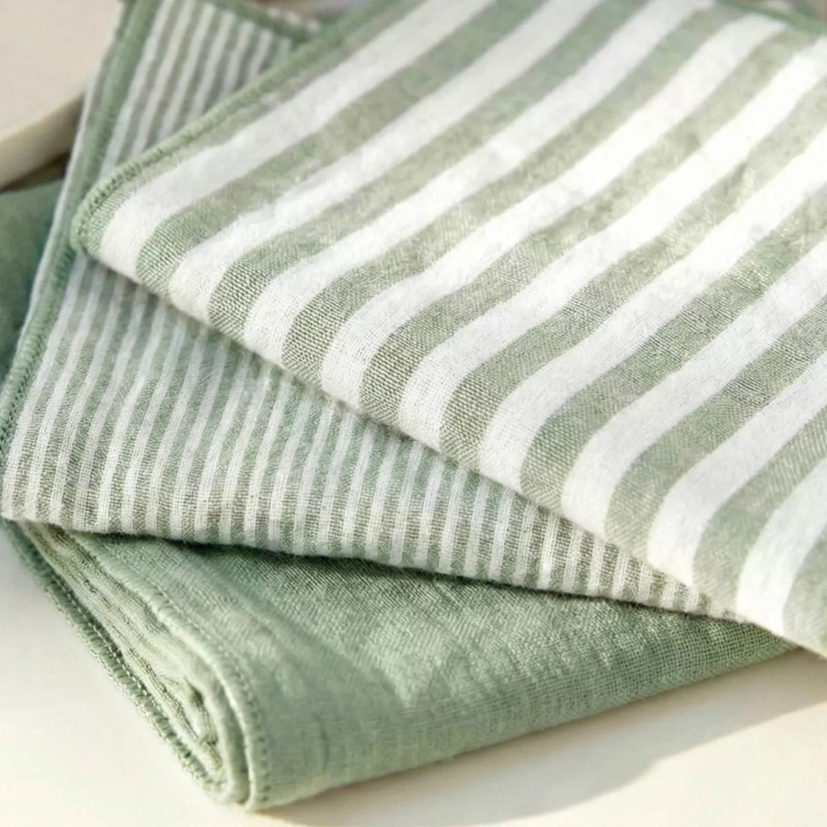 Lote de 3 servilletas de gasa de algodón (40 x 40 cm) Gaïa rayas Verde eucalipto