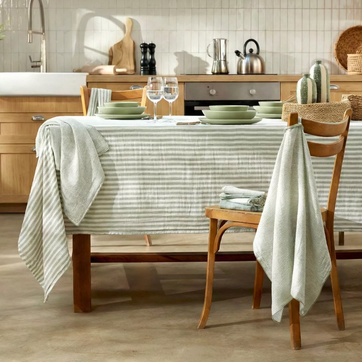 Set di 3 asciugamani in garza di cotone (40 x 40 cm) Gaïa a righe Verde eucalipto