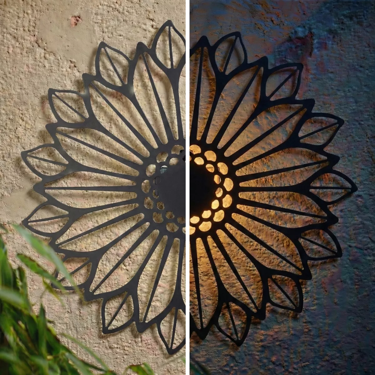 Lampada solare da parete in metallo (D37 cm) Girasole Nero e bianco caldo