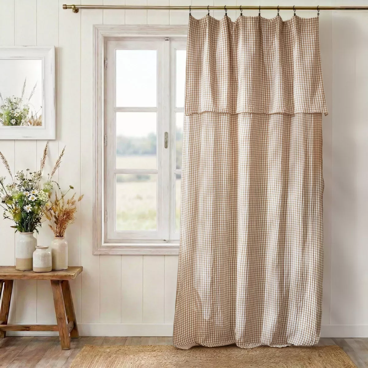 Cortina de gasa de algodón ajustable (140 x máximo 180 cm) Gaïa vichy Ficelle