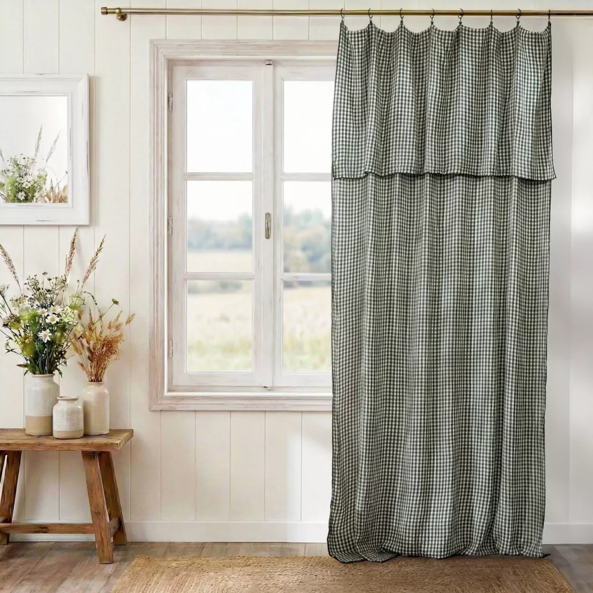 Verstellbarer Baumwoll-Gaze-Vorhang (140 x max 300 cm) Gaïa Vichy Rosmaringrün