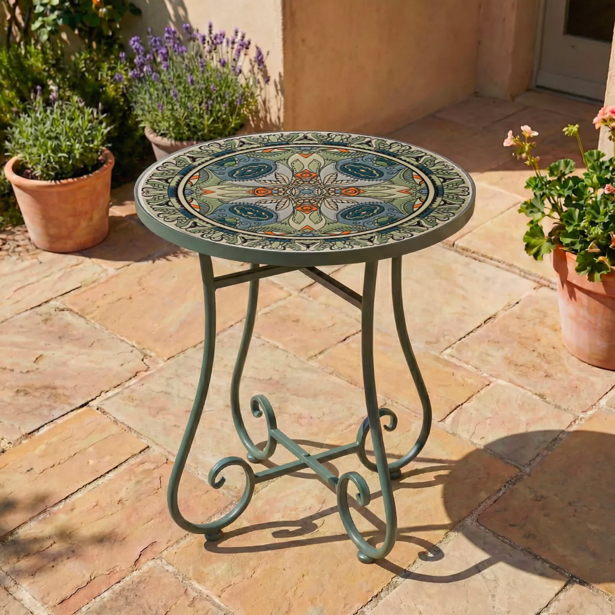 Tavolino rotondo in mosaico (H46 x D39 cm) Cancùn Verde salvia