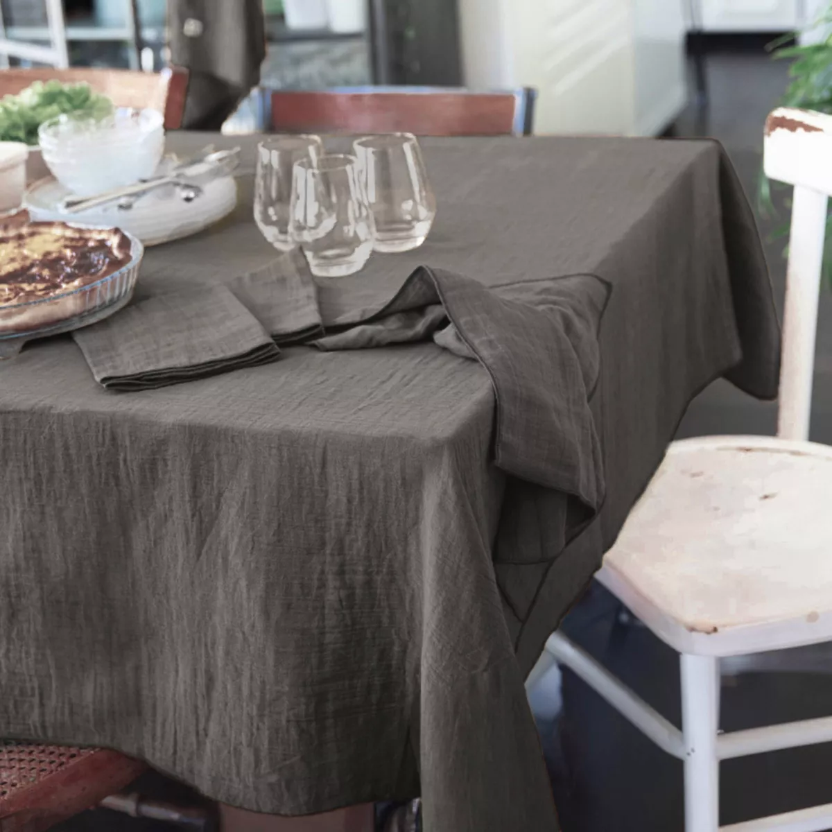 Mantel rectangular en gasa de algodón (L250 cm) Gaïa Gris granito