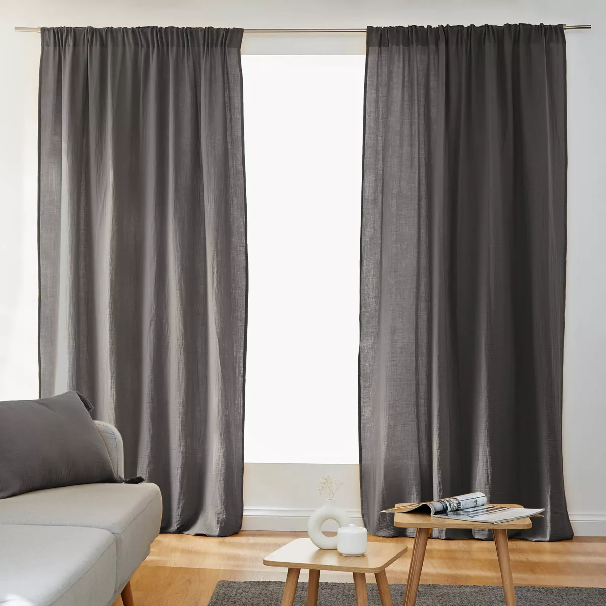 Tenda in  garza di cotone a passanti nascosti (140 x 240 cm) Gaïa Grigio granito