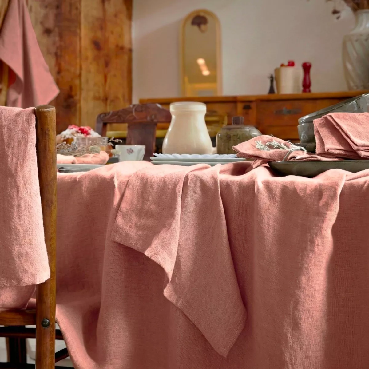 Nappe rectangulaire lin lavé (170 x 350 cm) Louise Vieux rose