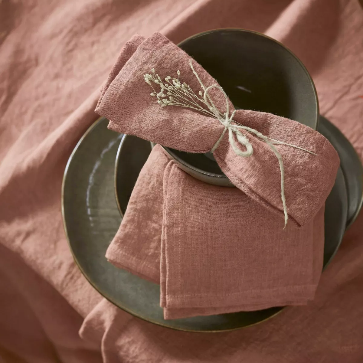 Nappe rectangulaire lin lavé (170 x 350 cm) Louise Vieux rose