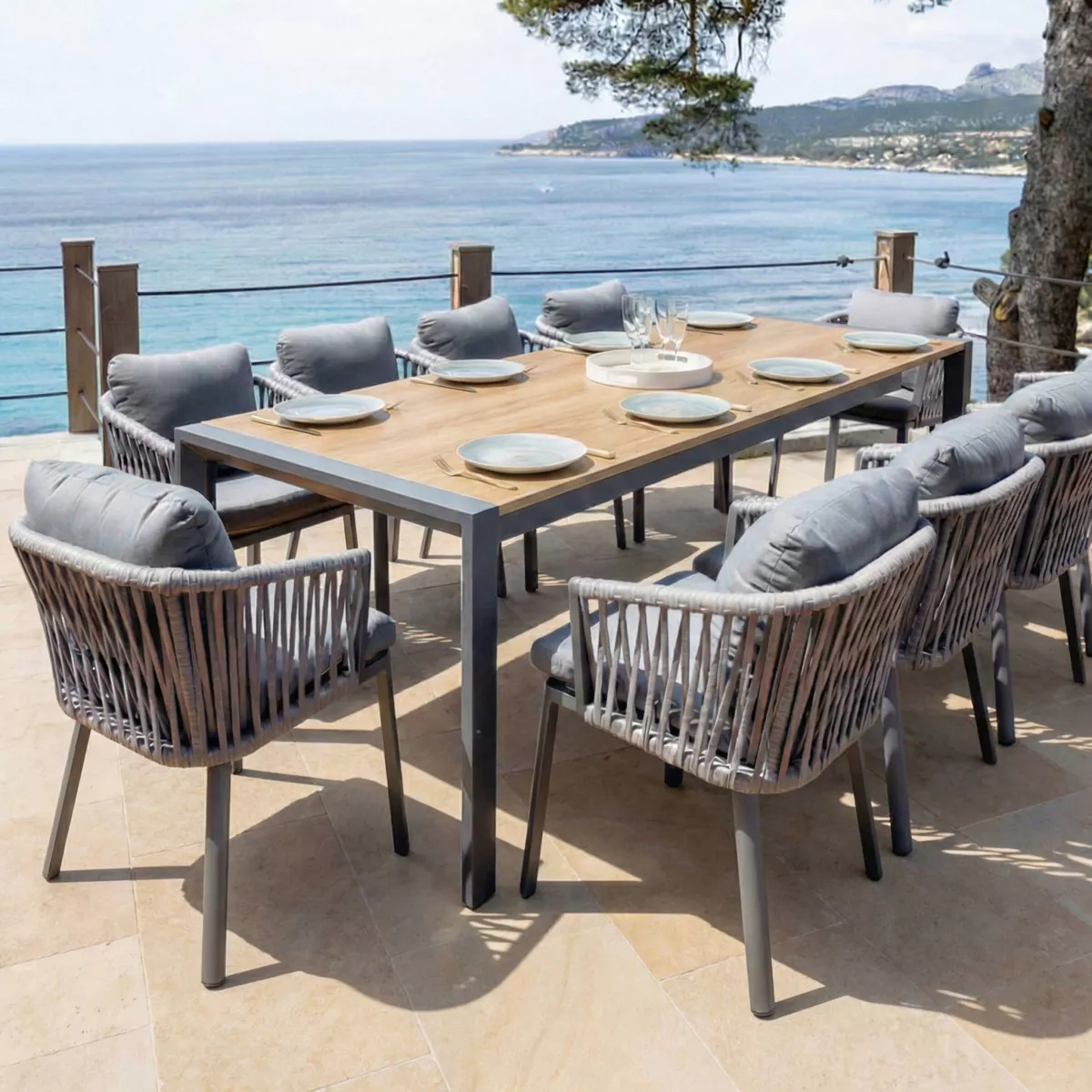Tavolo da giardino estensibile in alluminio 12 posti (180/240/300 x 96 cm) Amalfi Grigio antracite e legno