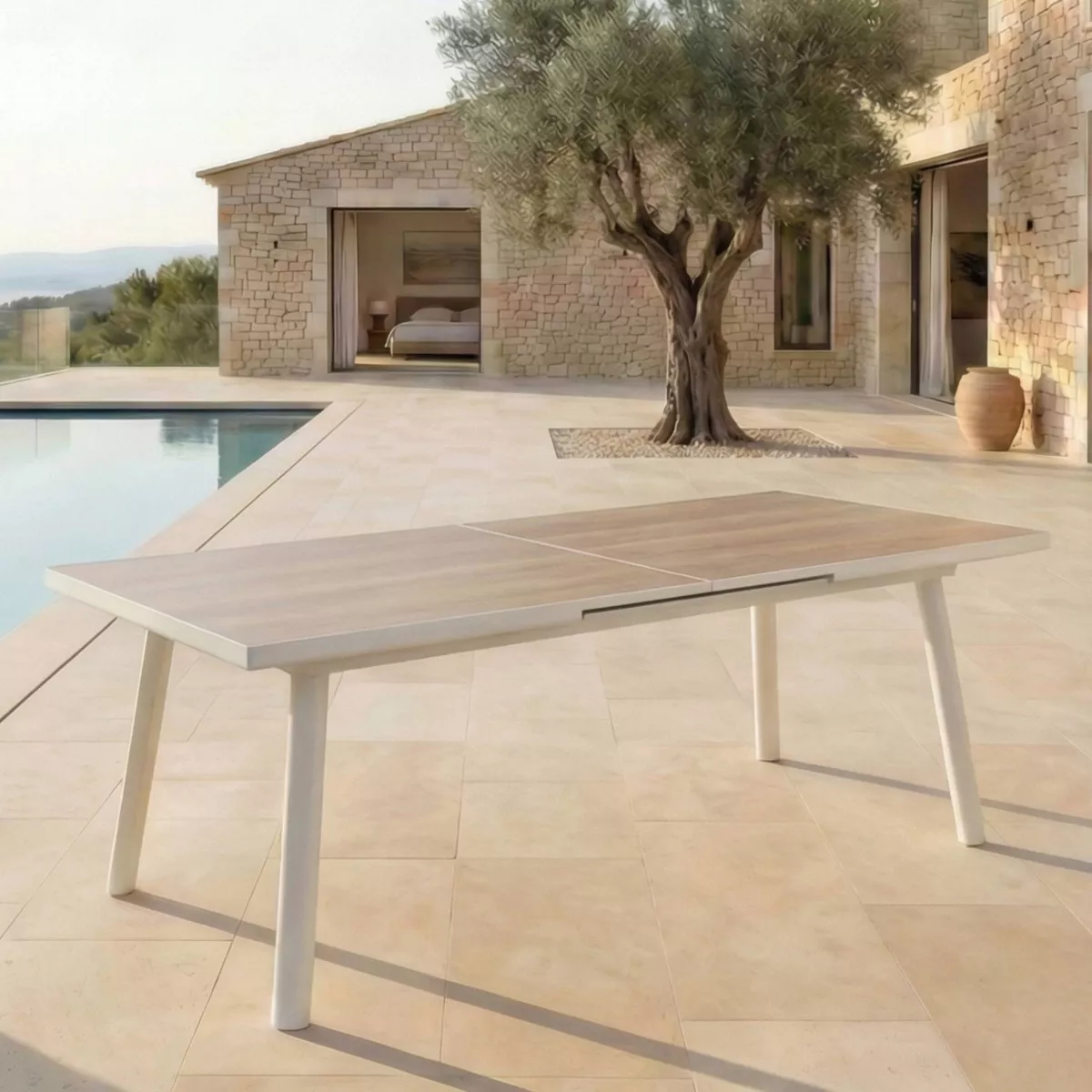Table de jardin extensible en aluminium 12 places (240/300 x 96 cm) Amalfi Blanc et bois