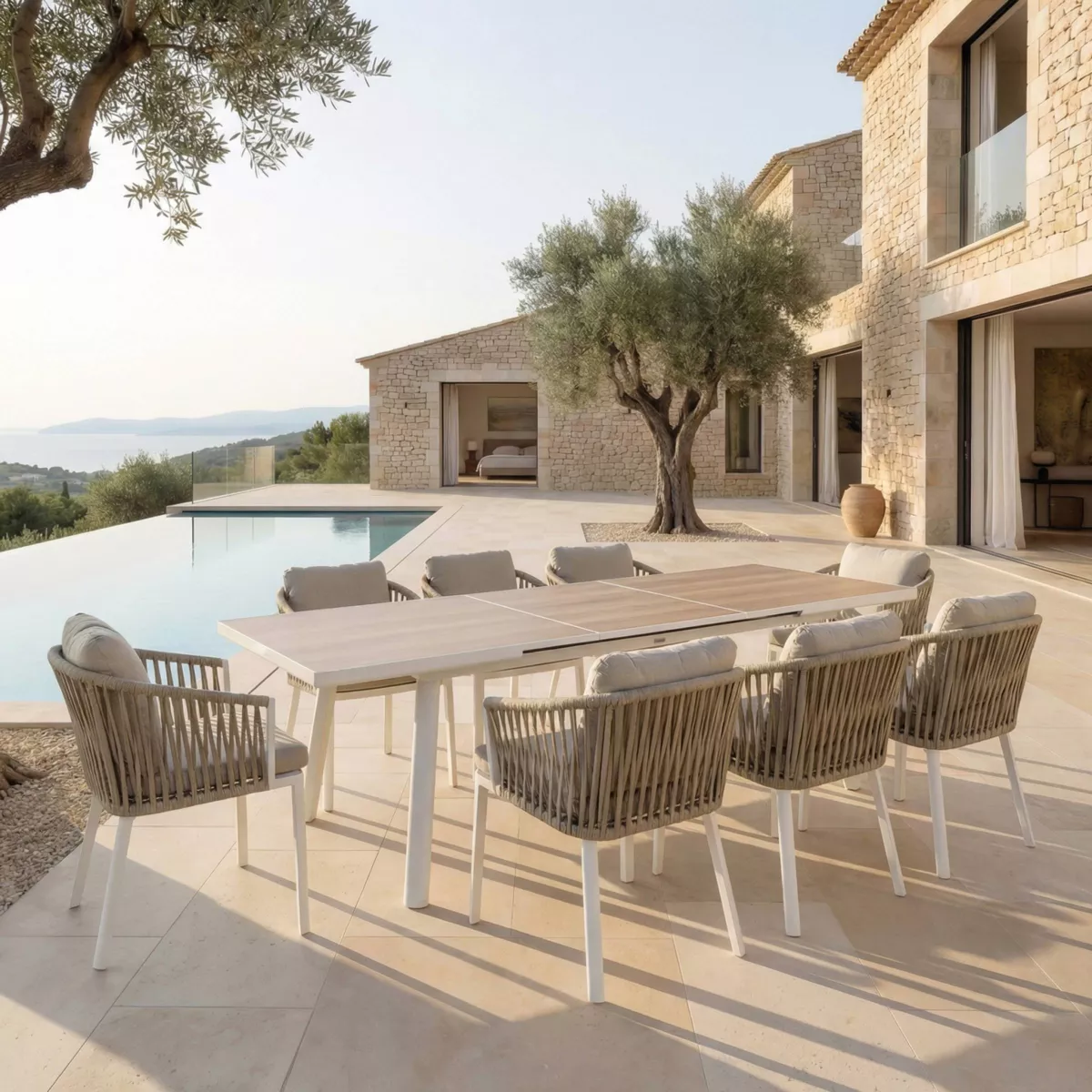 Table de jardin extensible en aluminium 12 places (240/300 x 96 cm) Amalfi Blanc et bois