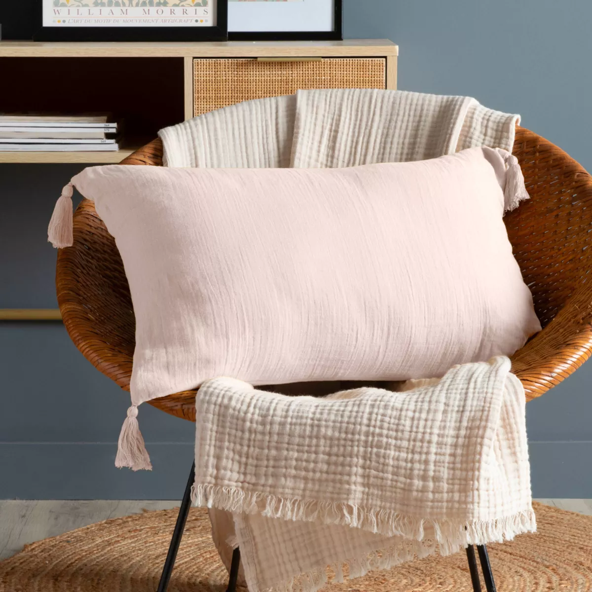 Coussin rectangulaire gaze de coton (40 x 60 cm) Gaïa Rose poudré