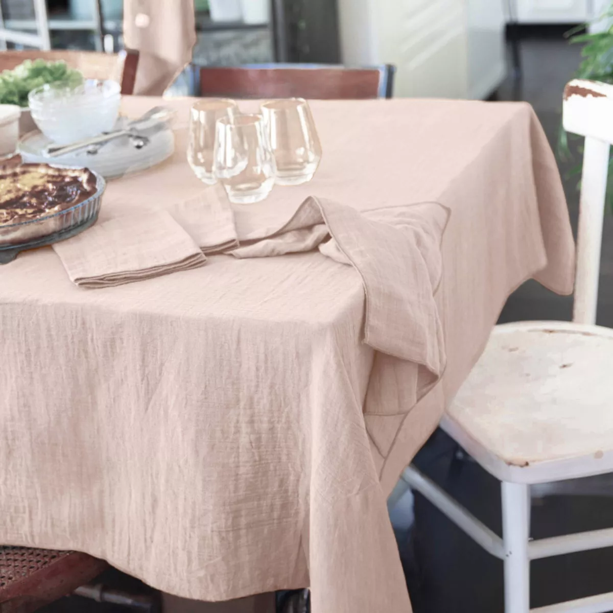 Nappe rectangulaire gaze de coton (150 x 350 cm) Gaïa Rose poudré