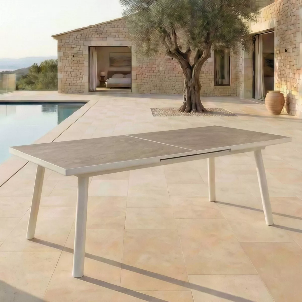 Mesa de jardín extensible de aluminio para 10 personas (200/260 x 96 cm) Amalfi Blanco y taupe