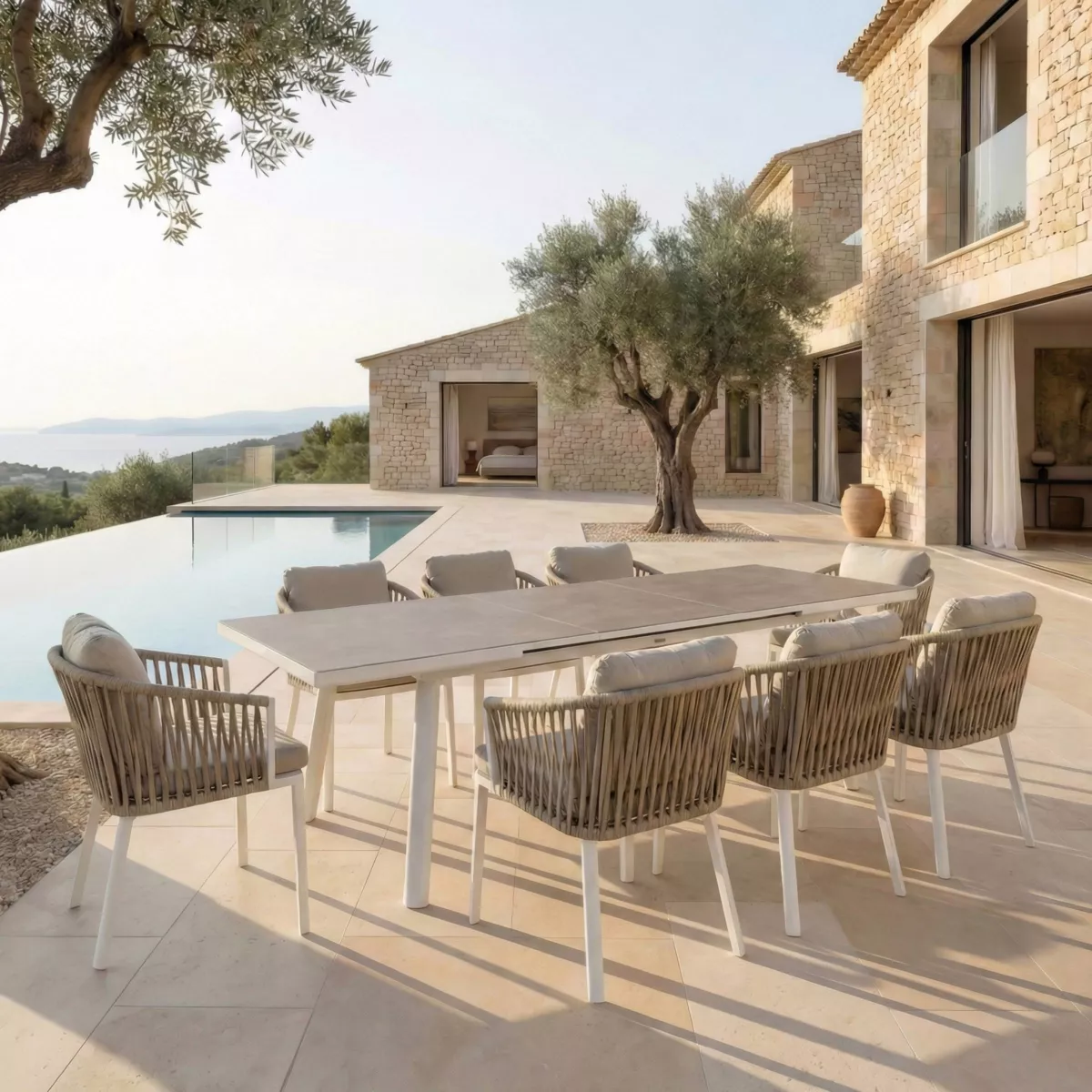 Mesa de jardín extensible de aluminio para 10 personas (200/260 x 96 cm) Amalfi Blanco y taupe