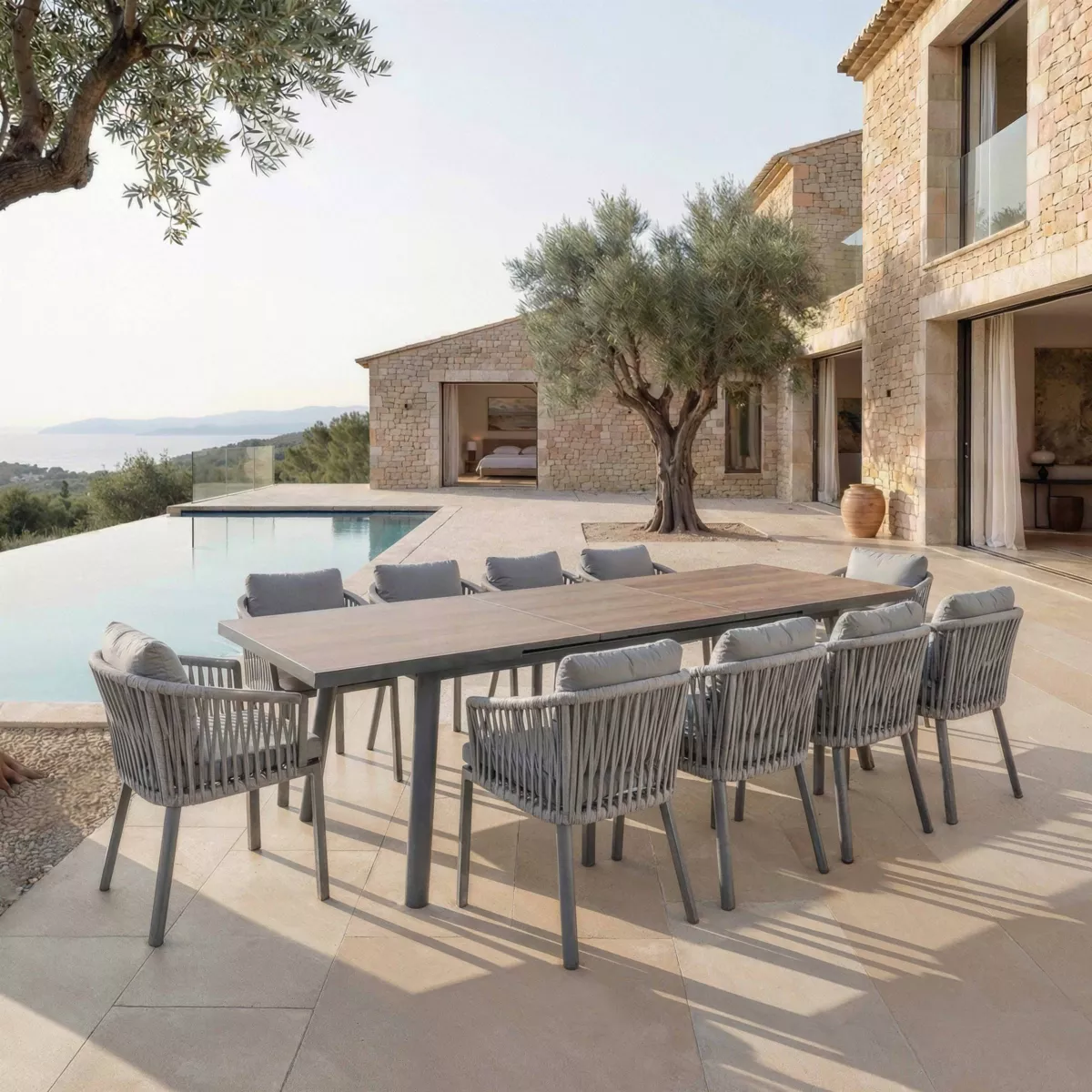 Table de jardin extensible en aluminium 12 places (240/300 x 96 cm) Amalfi Gris anthracite et bois